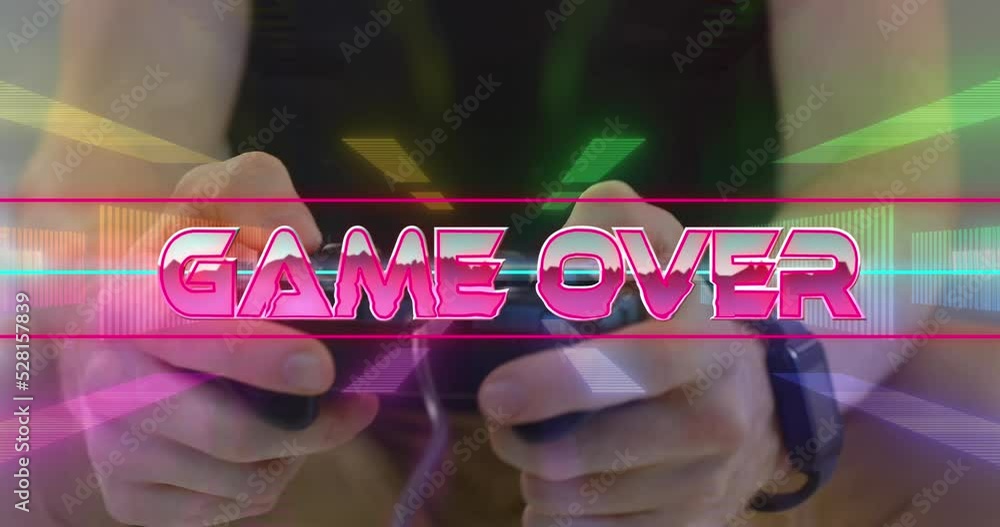 Poster game over video game screen over neons and man holding and playing with joystick