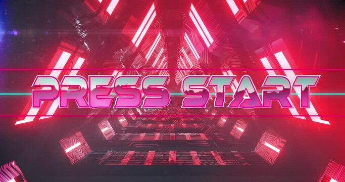 press start video game screen over pink triangles and glowing neons