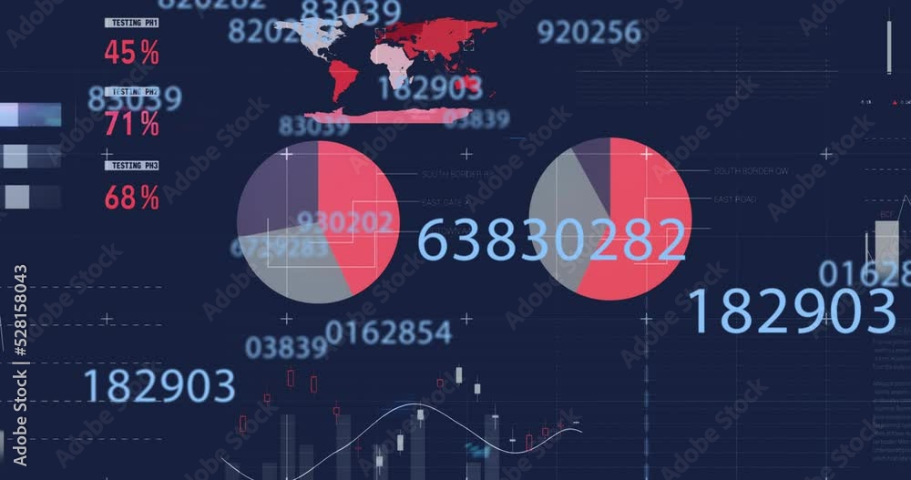 Poster animation of digital interface with numbers changing, financial data processing and statistics