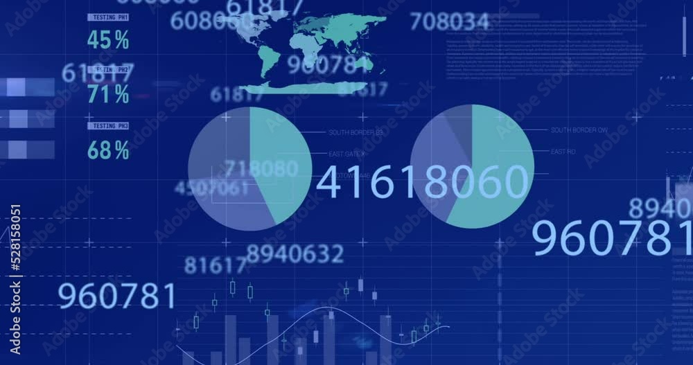 Poster animation of digital interface with numbers changing, financial data processing and statistics