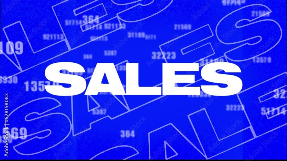 Poster animation of the word sales in white letters and moving numbers on a changing colour