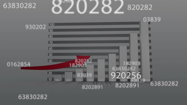 Animation of digital interface with numbers changing, red arrow, financial data processing