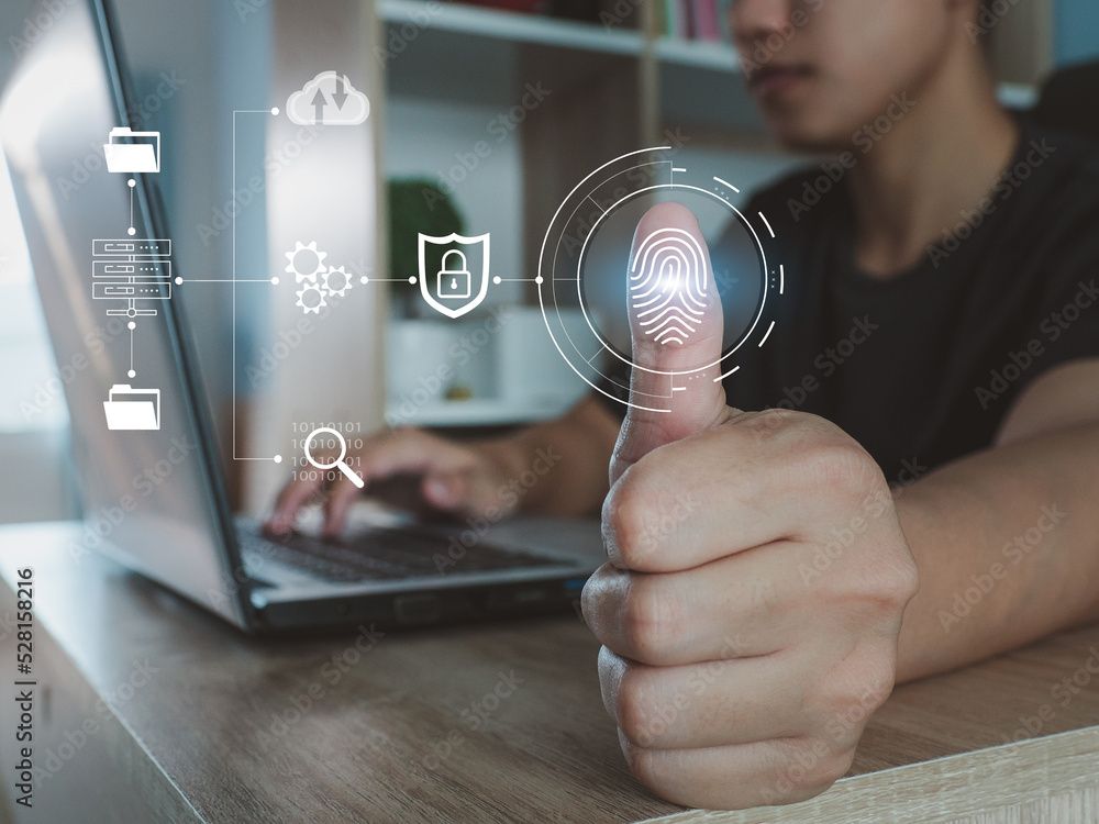 Poster man's hand scanning fingerprints identification identity verification protection of personal informa