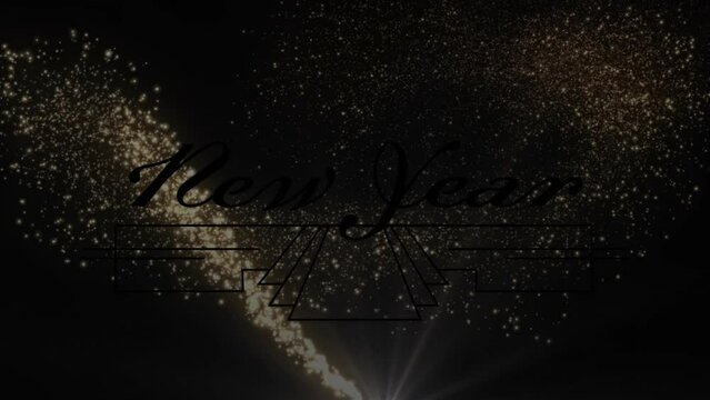 Animation of glowing gold new year text with gold shooting star over black background