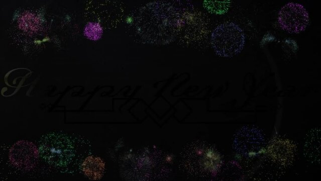 Animation of glowing gold happy new year text with multi colored fireworks over black background