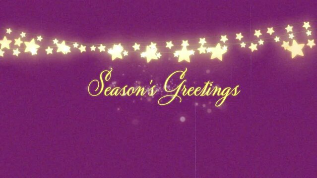 Animation of gold glowing season's greetings text over fireworks and glowing fairy lights on purple 