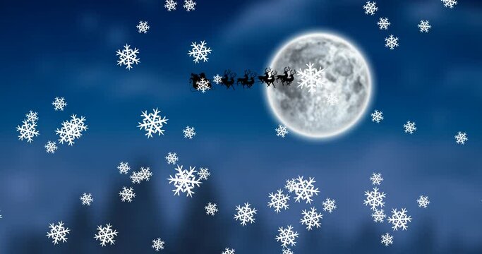 Animation of winter scenery with snow falling and black silhouette of santa claus in sleigh being pu