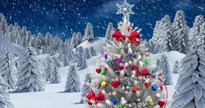 Animation of winter scenery landscape with snowfall and decorated christmas tree on blue background