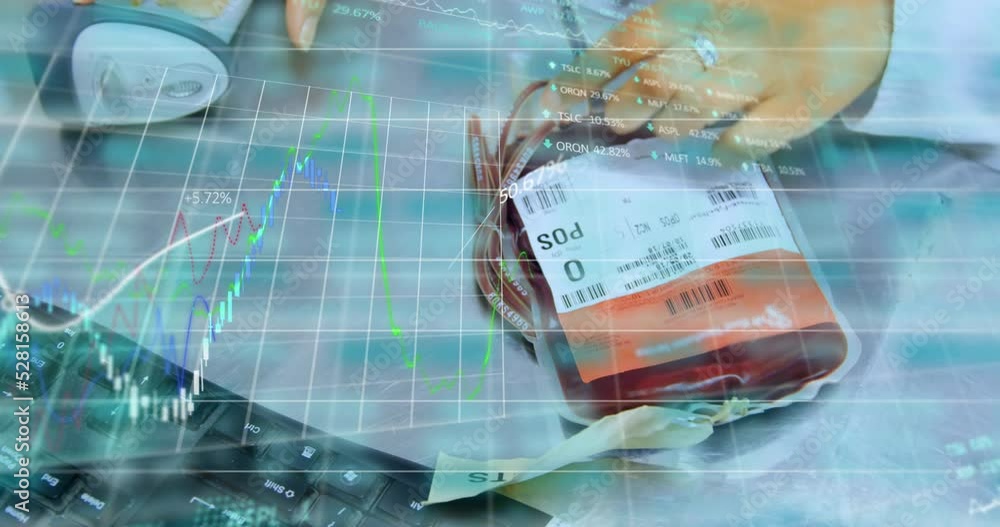 Poster animation of floating diagrams and data processing over caucasian doctor scanning blood bag