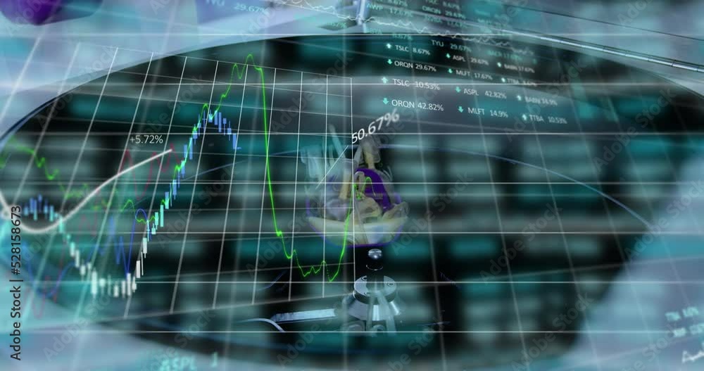 Poster animation of data processing and floating diagrams over mixed race doctor