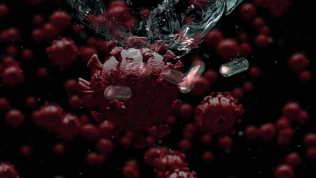 Animation of floating macro Covid-19 cells over falling pills into water on the black background