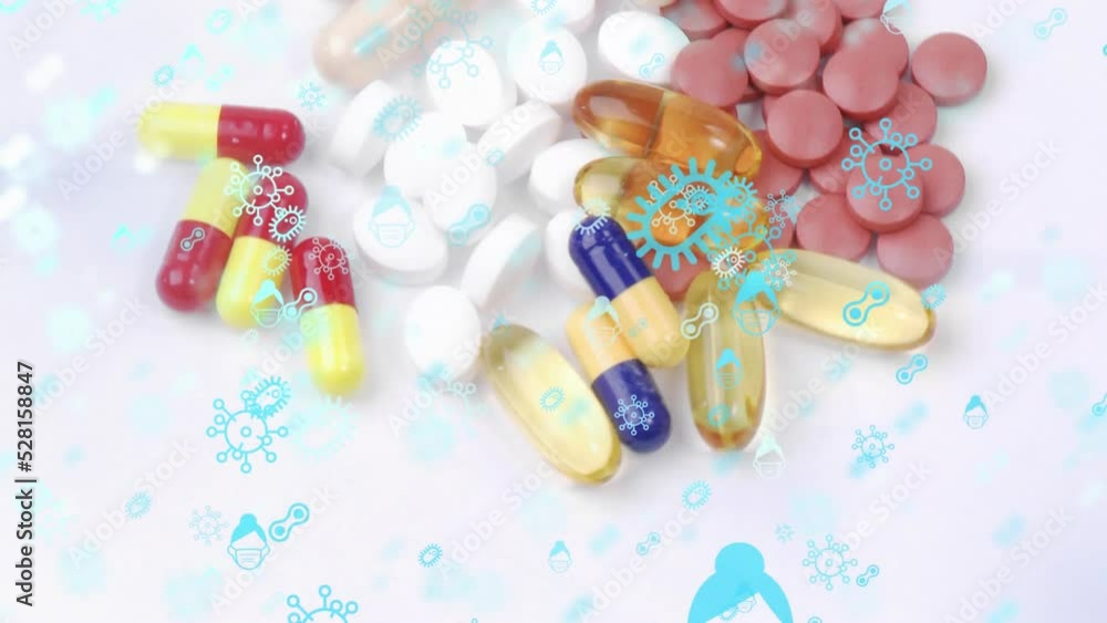 Poster animation of multiple floating covid-19 cell icons over different pills and falling banknotes