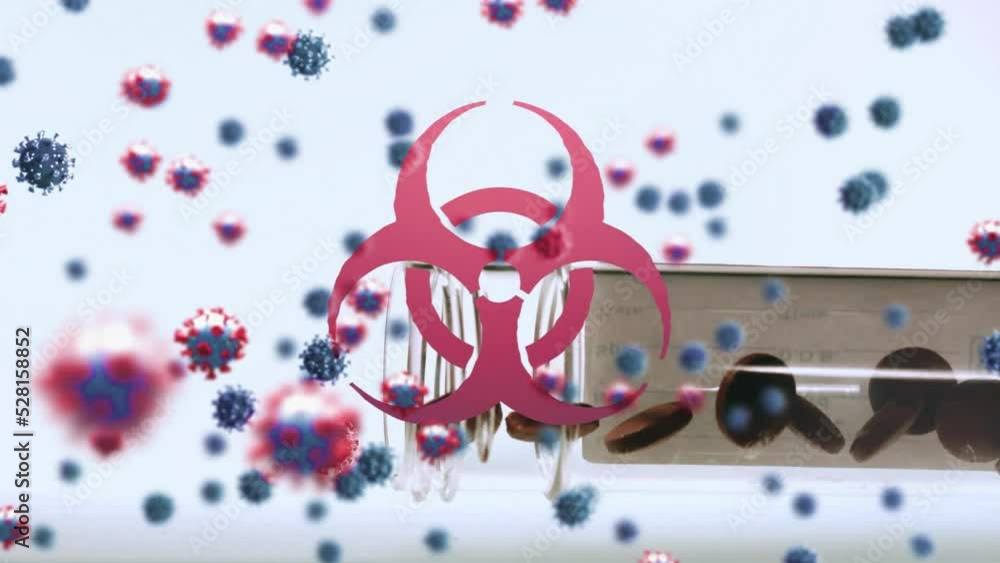 Poster animation of floating macro covid-19 cells and biohazard symbol over falling pills from a box