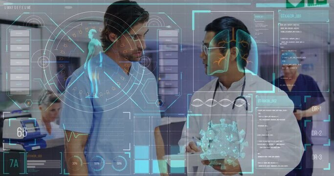 Animation of floating Covid-19 cell and schemes of human over Caucasian male nurse