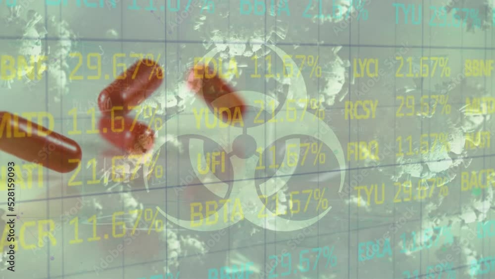 Poster animation of floating macro covid-19 cells and biohazard symbol over falling pills