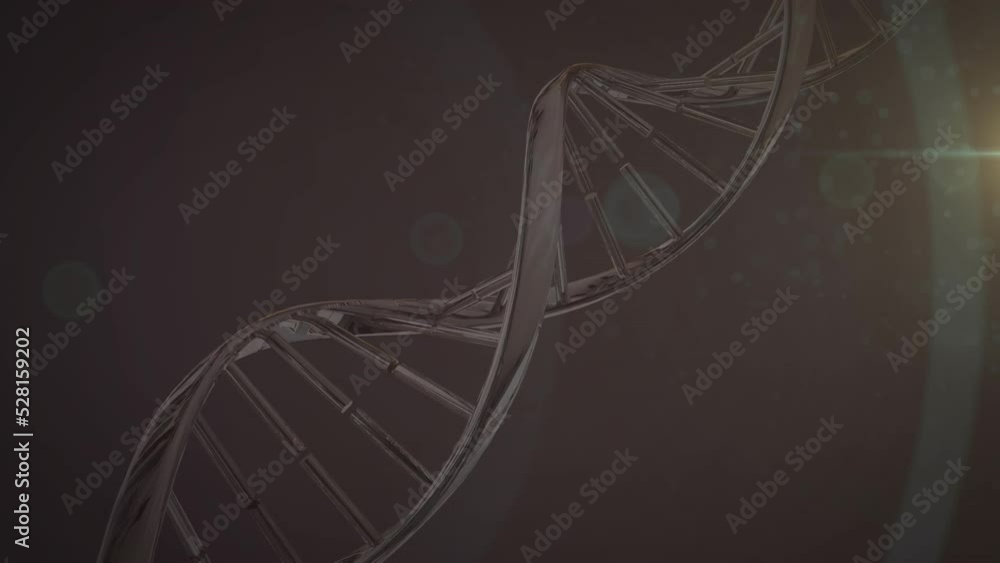 Poster animation of a 3d double helix dna strand rotating in seamless loop on dark background