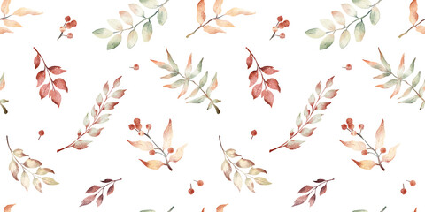Watercolor hand drawn autumn seamless pattern with delicate illustration of colorful leaves of season trees, leaf fall, red berries. Elements isolated on white background.