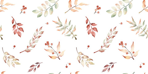 Watercolor hand drawn autumn seamless pattern with delicate illustration of colorful leaves of season trees, leaf fall, red berries. Elements isolated on white background.