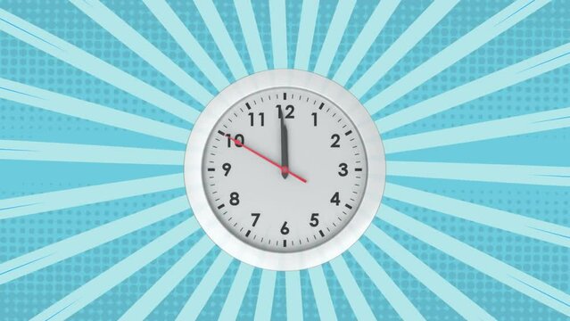 Animation of clock ticking over rotating blue stripes moving in hypnotic motion in seamless loop