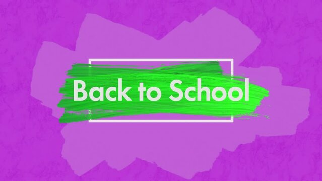 Animation of Back to School text written on green splash of paint on purple background