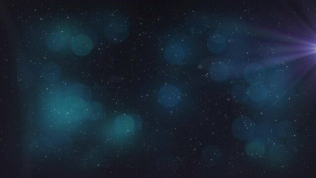 Animation of blue glowing spots of light and glowing purple light moving over stars on night sky