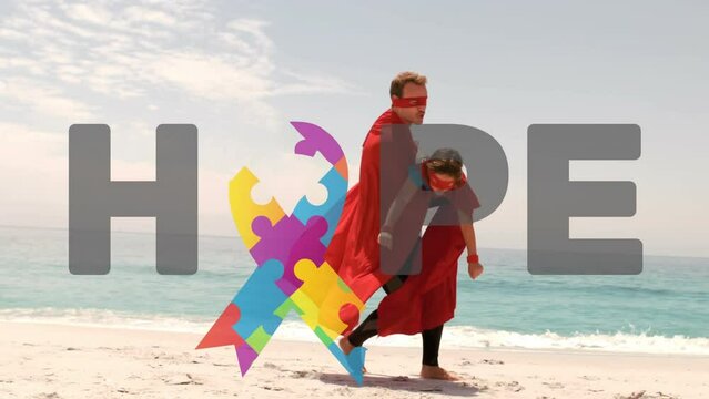 Animation of Autism Awareness Month symbol with word Hope father in superhero - Powered by Adobe