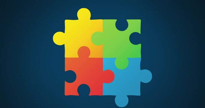 Animation of multi coloured puzzle elements forming symbol of Autism Awareness Month symbol