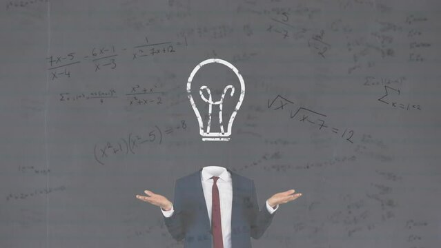 Animation of light bulb and caucasian businessman over mathematical equations on white background