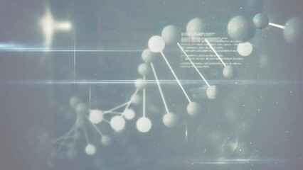 Animation of rotating 3d model dna strand, with lights and data processing on interface - Powered by Adobe