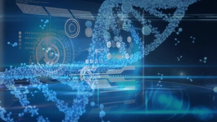 Animation of rotating 3d dna strand, with floating molecular structures and processing data on black - Powered by Adobe