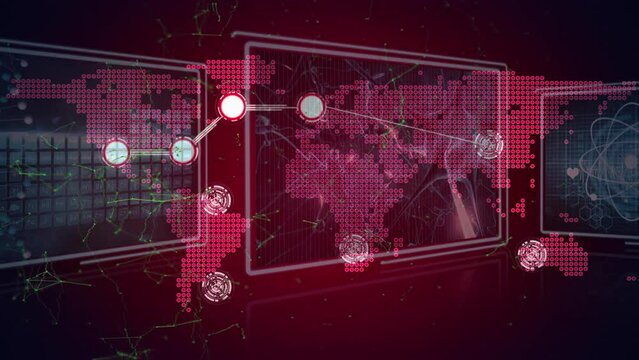 Animation of network of connections over red world map and data processing on interface screens