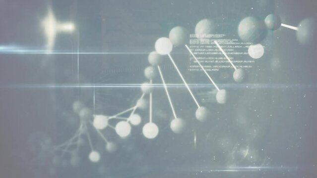 Animation of rotating 3d model dna strand, with lights and data processing on interface