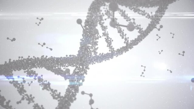 Animation of rotating dna strand, with floating molecular structures, on pale grey