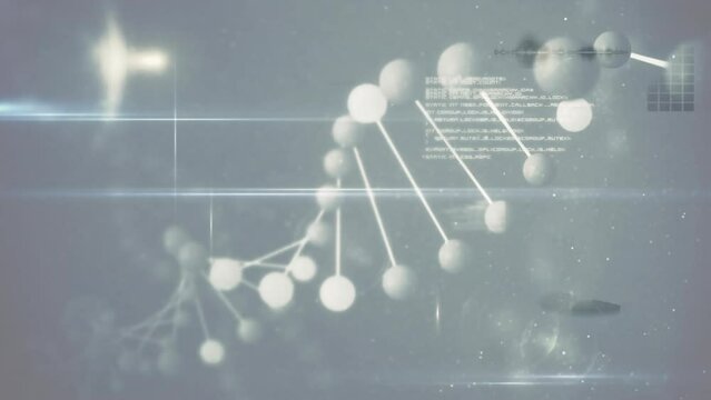 Animation of rotating 3d model dna strand and lights, with data processing on grey interface