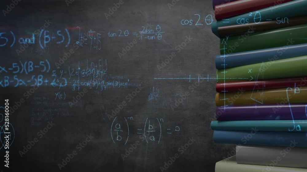 Poster animation of mathematical equations over stack of books