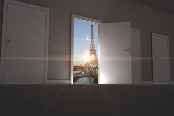 Composite image of Eiffel Tower seen from open door 
