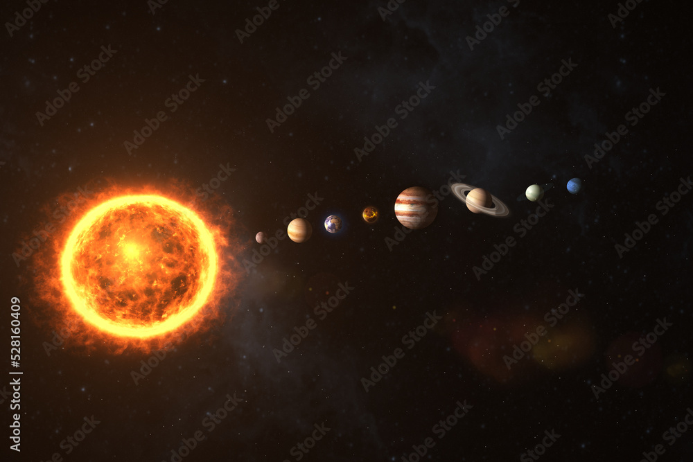 Poster digital composite image of planets with sun in univese