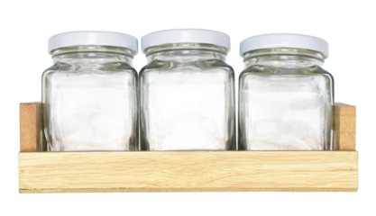 glass bottle on wooden tray isolated on white background