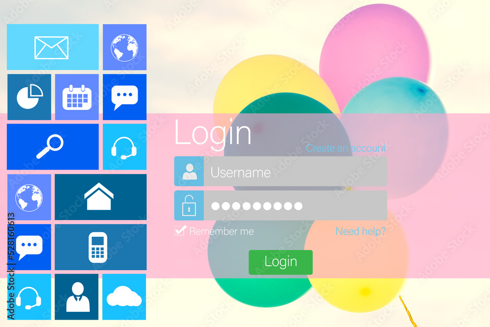 Poster digitally composite image of login page with various icons