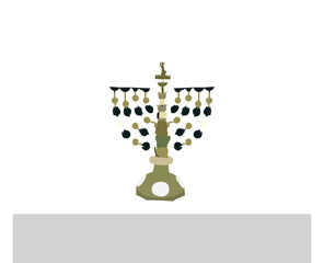 Happy Hanukkah, Jewish Festival of Lights scene with people, happy families with children. Happy Hanukkah lettering in Hebrew. Original Hebrew font logo with Hanukkah menorah (candelabra) for postcard