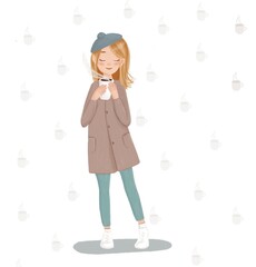 A young girl with blond hair holds a cup of hot coffe or tea in her hands. She is wearing a short coat, jeans, Pom-Pom beret and white sneakers with socks.