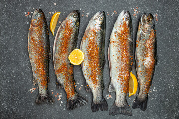 Raw rainbow trout with lemon, herbs and spices. Fish dish cooking with various ingredients, Healthy...