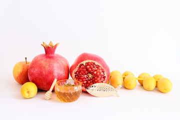 Rosh hashanah (jewish New Year holiday) concept. Traditional symbols over white background