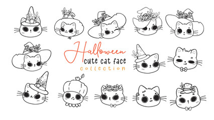 cute kitten cat witch Halloween face head outline for colouring stamp cartoon drawing