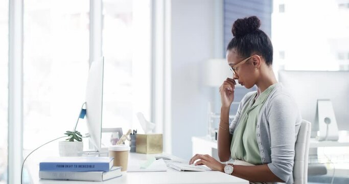 Receptionist, sick and virus business woman with tissue for her nose for illness, flu or cold while typing in corporate office. Black woman with allergy or hay fever while working at desktop computer
