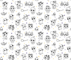 cute pattern seamless background, kawaii Halloween kitten, kawaii cat Halloween costume cartoon outline doodle