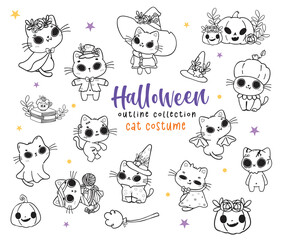 Fototapeta premium cute Halloween kitten, kawaii cat Halloween costume set cartoon outline doodle set vector for colouring book