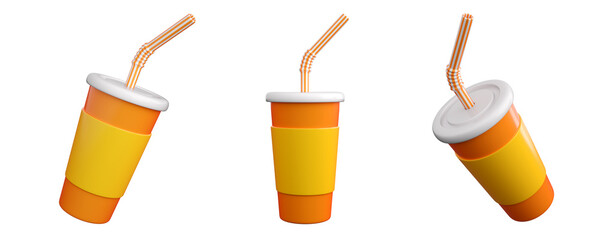 3d paper or plastic glass with striped tube. Fast food or cinema snack concept. High quality isolated 3d render