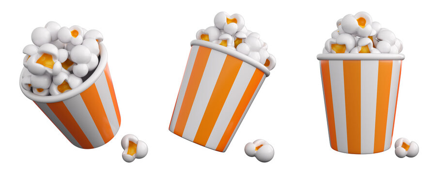 3d popcorn striped bucket. Cinema snack, movie, entertainment concept. High quality isolated 3d render