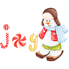 Cute Watercolor Christmas Snowman,  Digital paint watercolor illustration